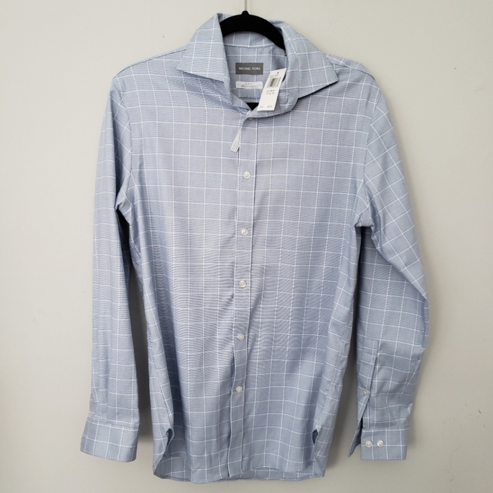 NWT michael kors blue white plaid slim fit airsoft stretch medium button down